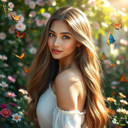 A beautiful young lady with long flowing hair, posing gracefully in a serene garden filled with blooming flowers