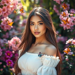 A beautiful young lady with long flowing hair, posing gracefully in a serene garden filled with blooming flowers