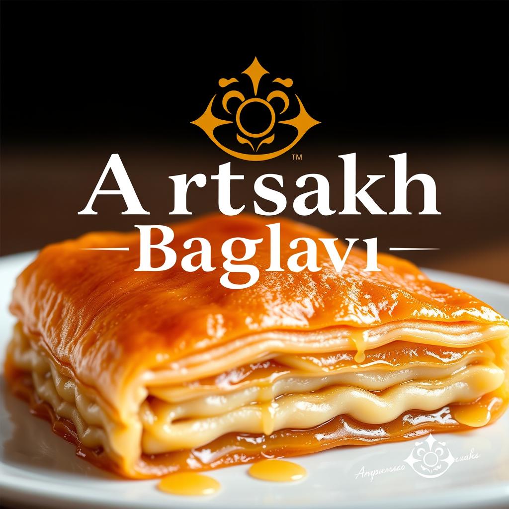 A vibrant and modern logo for "Artsakh Baglava" showcasing a beautifully detailed image of baklava with glistening syrup and golden layers