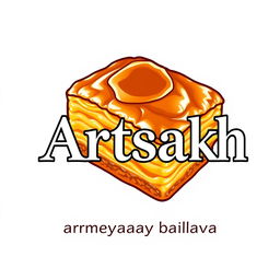 A vibrant and modern logo for "Artsakh Baglava" showcasing a beautifully detailed image of baklava with glistening syrup and golden layers