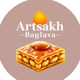 A vibrant and modern logo for "Artsakh Baglava" showcasing a beautifully detailed image of baklava with glistening syrup and golden layers