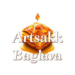 A vibrant and modern logo for "Artsakh Baglava" showcasing a beautifully detailed image of baklava with glistening syrup and golden layers