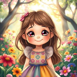 A cute girl with an expressive face, wearing a colorful dress, surrounded by vibrant flowers in a magical garden