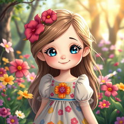 A cute girl with an expressive face, wearing a colorful dress, surrounded by vibrant flowers in a magical garden