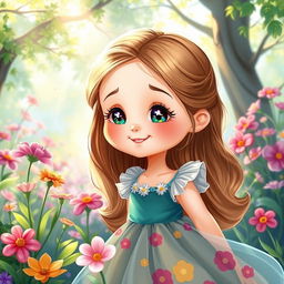 A cute girl with an expressive face, wearing a colorful dress, surrounded by vibrant flowers in a magical garden