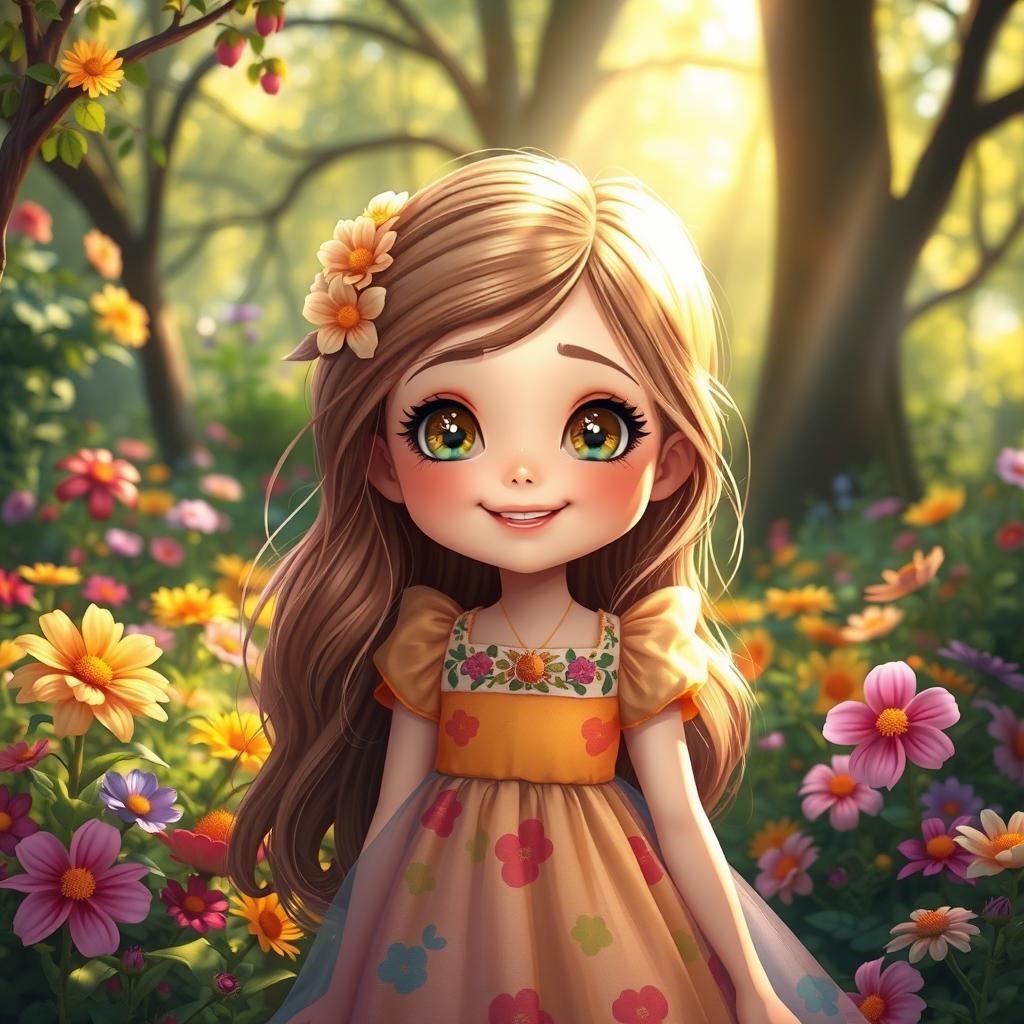 A cute girl with an expressive face, wearing a colorful dress, surrounded by vibrant flowers in a magical garden