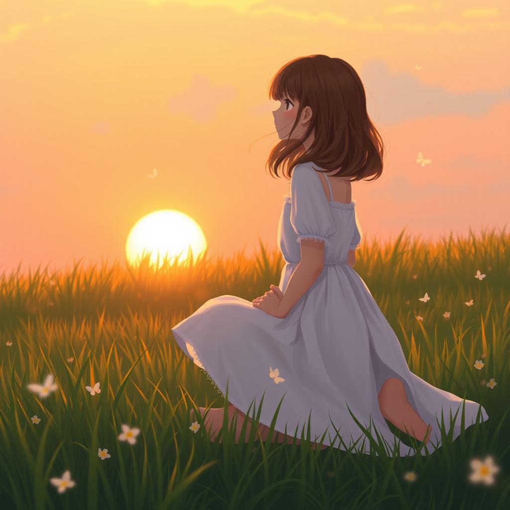 a girl kneeling on a grassy meadow, the sun setting in the background casting a warm golden glow, her hair gently flowing with the breeze