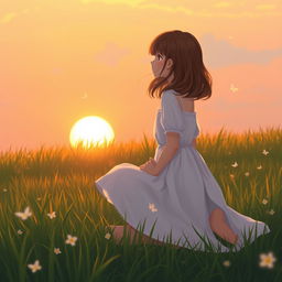 a girl kneeling on a grassy meadow, the sun setting in the background casting a warm golden glow, her hair gently flowing with the breeze