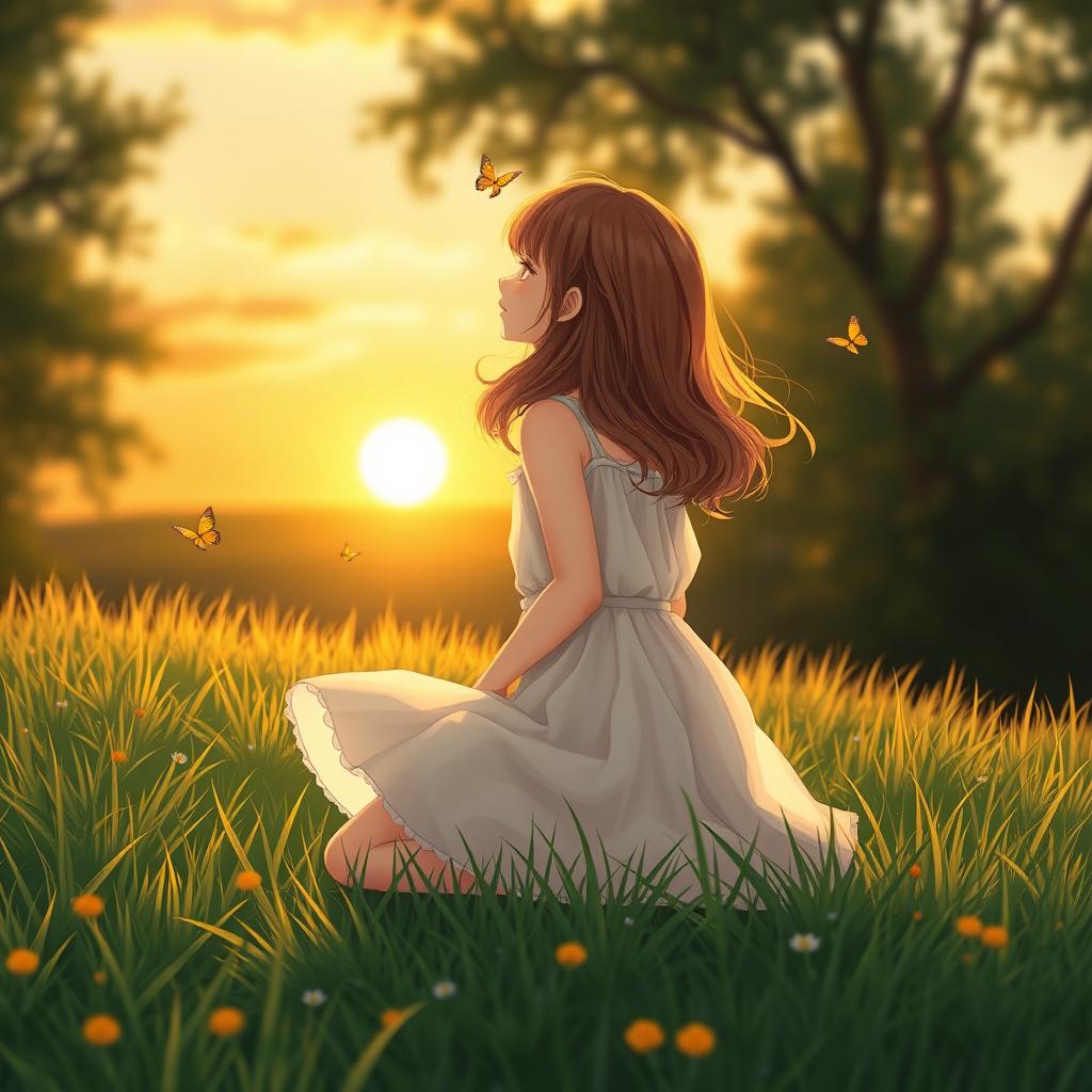 a girl kneeling on a grassy meadow, the sun setting in the background casting a warm golden glow, her hair gently flowing with the breeze