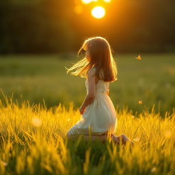 a girl kneeling on a grassy meadow, the sun setting in the background casting a warm golden glow, her hair gently flowing with the breeze