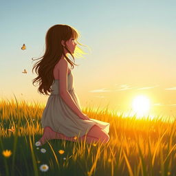 a girl kneeling on a grassy meadow, the sun setting in the background casting a warm golden glow, her hair gently flowing with the breeze