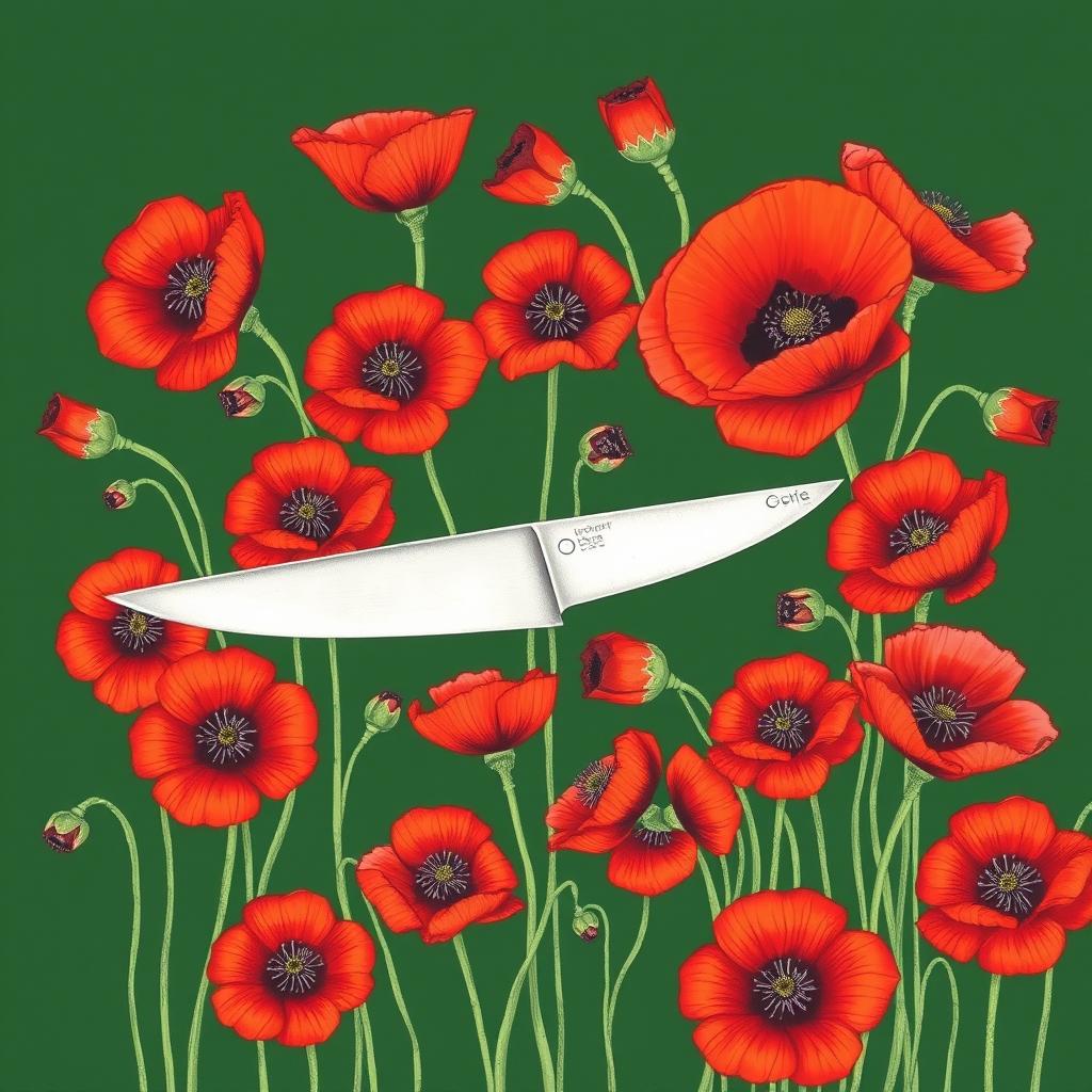 A drawing featuring a single knife set against a dark green background