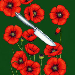 A drawing featuring a single knife set against a dark green background