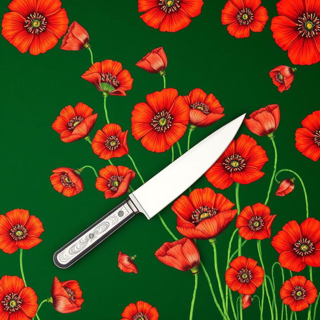 A drawing featuring a single knife set against a dark green background