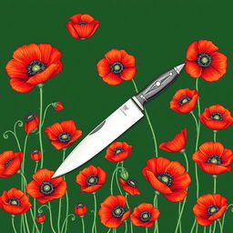 A drawing featuring a single knife set against a dark green background