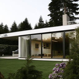 A modern house with sleek lines, glass walls, and a well-maintained garden in the daylight