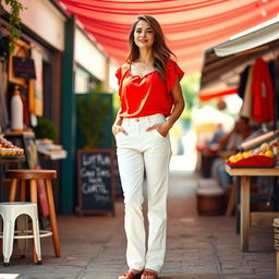 A woman in a vibrant red top and bright white pants, standing in an outdoor setting with a relaxed and casual atmosphere