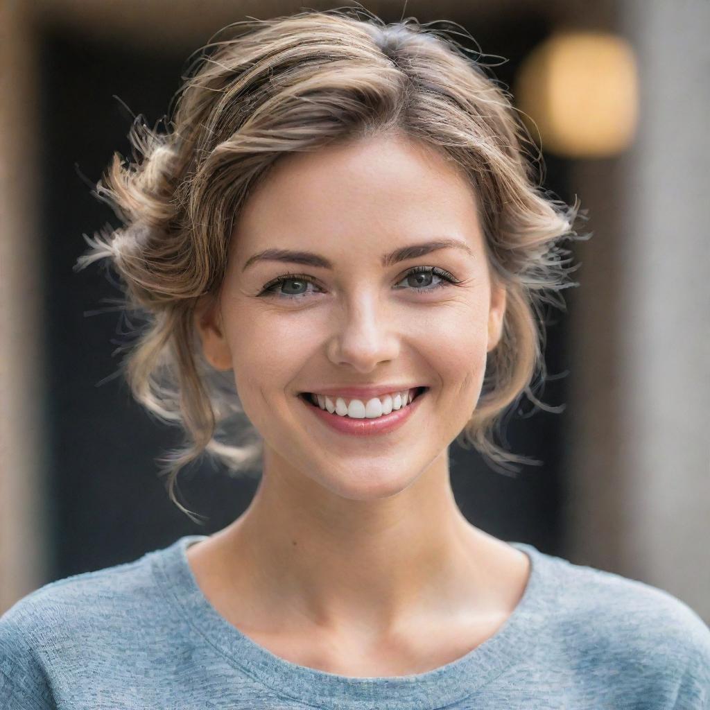 A beautiful woman displaying an engaging smile, her sparkling eyes radiating warmth and kindness. She has a simple yet fashionable hairstyle and is dressed in a casual, elegant outfit.