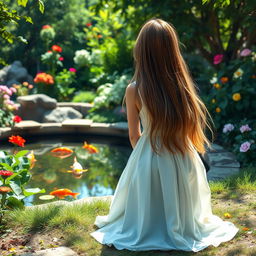 the rear view of a girl kneeling in a tranquil garden, her long hair cascading down her back, as she gazes at a serene koi pond