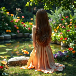 the rear view of a girl kneeling in a tranquil garden, her long hair cascading down her back, as she gazes at a serene koi pond