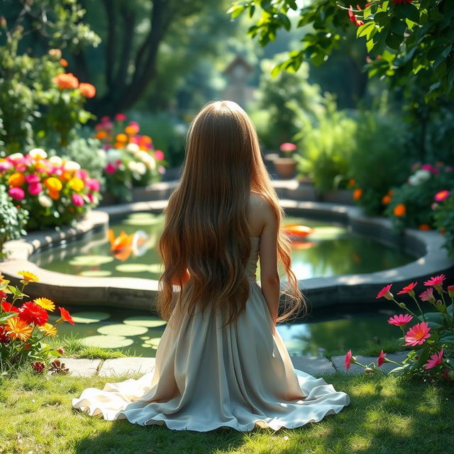 the rear view of a girl kneeling in a tranquil garden, her long hair cascading down her back, as she gazes at a serene koi pond