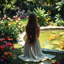 the rear view of a girl kneeling in a tranquil garden, her long hair cascading down her back, as she gazes at a serene koi pond