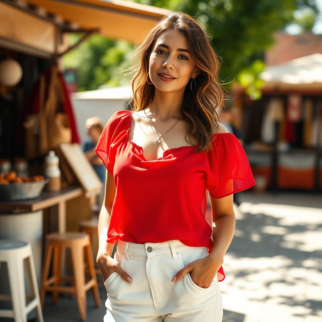 A woman in a vibrant red top and bright white pants, standing in an outdoor setting with a relaxed and casual atmosphere