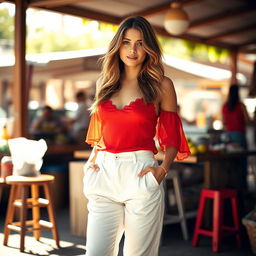 A woman in a vibrant red top and bright white pants, standing in an outdoor setting with a relaxed and casual atmosphere