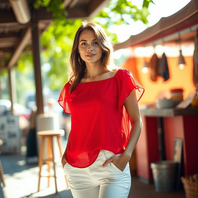 A woman in a vibrant red top and bright white pants, standing in an outdoor setting with a relaxed and casual atmosphere