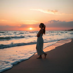 a romantic sunset beach scene with a couple embracing, enjoying the gentle waves, warm tones of the setting sun reflecting on the water, soft sand under their feet, a tranquil and intimate ambiance, soft whispers and gentle laughter, the sky painted in hues of orange, pink, and purple