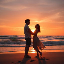 a romantic sunset beach scene with a couple embracing, enjoying the gentle waves, warm tones of the setting sun reflecting on the water, soft sand under their feet, a tranquil and intimate ambiance, soft whispers and gentle laughter, the sky painted in hues of orange, pink, and purple