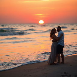 a romantic sunset beach scene with a couple embracing, enjoying the gentle waves, warm tones of the setting sun reflecting on the water, soft sand under their feet, a tranquil and intimate ambiance, soft whispers and gentle laughter, the sky painted in hues of orange, pink, and purple