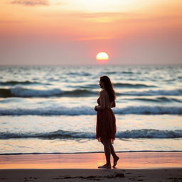 a romantic sunset beach scene with a couple embracing, enjoying the gentle waves, warm tones of the setting sun reflecting on the water, soft sand under their feet, a tranquil and intimate ambiance, soft whispers and gentle laughter, the sky painted in hues of orange, pink, and purple