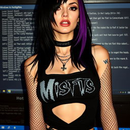 A stunning female with pale skin and black hair featuring a purple stripe