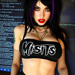 A stunning female with pale skin and black hair featuring a purple stripe