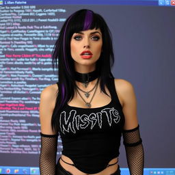 A stunning female with pale skin and black hair featuring a purple stripe