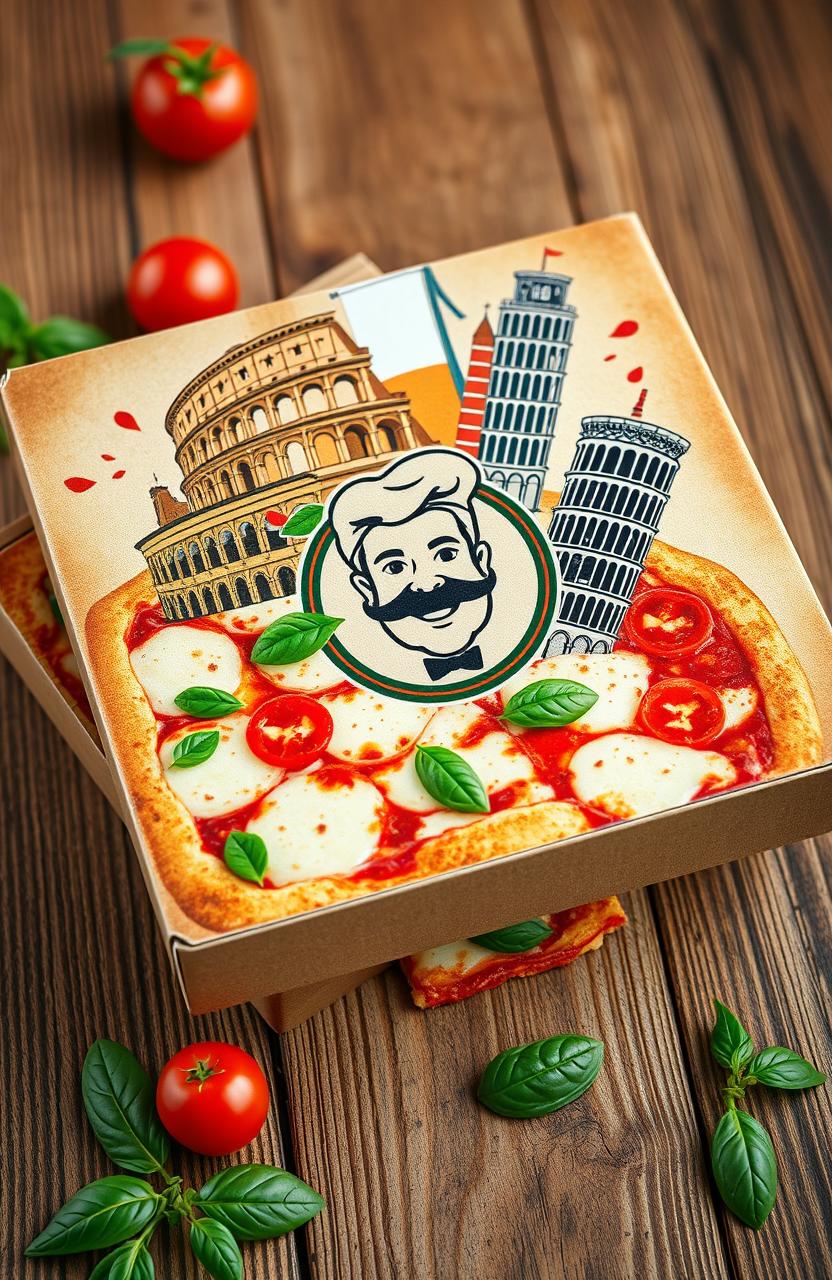 A realistic rendering of a classic Italian pizza box, closed, with vibrant, colorful illustrations of Italian landmarks like the Colosseum and the Leaning Tower of Pisa on the top