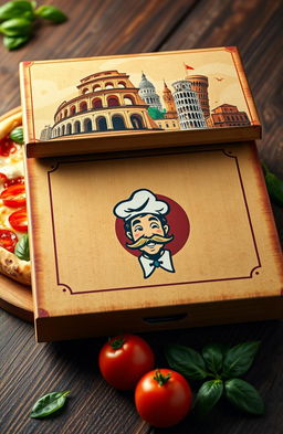 A realistic rendering of a classic Italian pizza box, closed, with vibrant, colorful illustrations of Italian landmarks like the Colosseum and the Leaning Tower of Pisa on the top