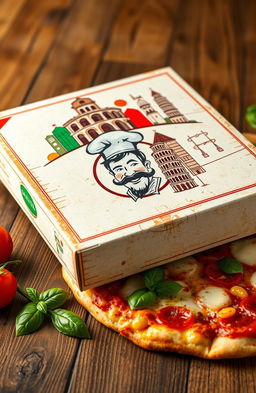 A realistic rendering of a classic Italian pizza box, closed, with vibrant, colorful illustrations of Italian landmarks like the Colosseum and the Leaning Tower of Pisa on the top