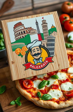 A realistic rendering of a classic Italian pizza box, closed, with vibrant, colorful illustrations of Italian landmarks like the Colosseum and the Leaning Tower of Pisa on the top