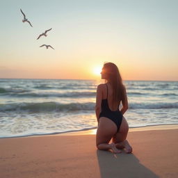 a woman in a stylish one-piece swimsuit kneeling on a sandy beach, seen from the rear