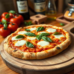 A delicious-looking, freshly baked Neapolitan pizza with a thin, soft crust, topped with melting mozzarella cheese, fresh basil leaves, and a rich tomato sauce