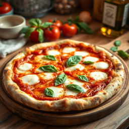 A delicious-looking, freshly baked Neapolitan pizza with a thin, soft crust, topped with melting mozzarella cheese, fresh basil leaves, and a rich tomato sauce