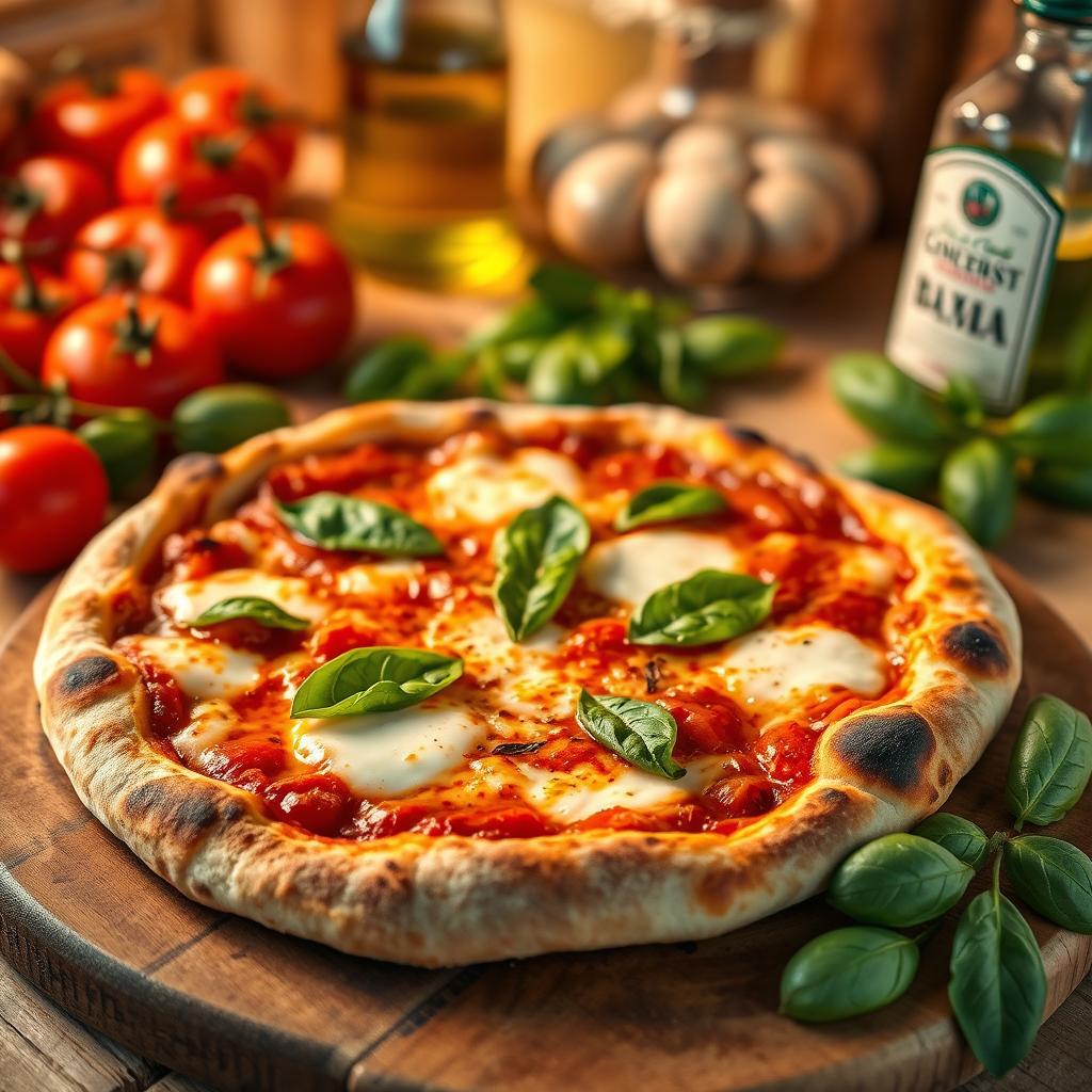 A delicious-looking, freshly baked Neapolitan pizza with a thin, soft crust, topped with melting mozzarella cheese, fresh basil leaves, and a rich tomato sauce