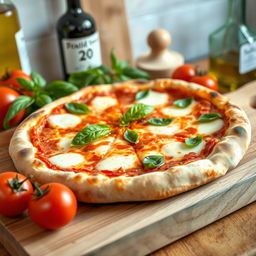 A delicious-looking, freshly baked Neapolitan pizza with a thin, soft crust, topped with melting mozzarella cheese, fresh basil leaves, and a rich tomato sauce