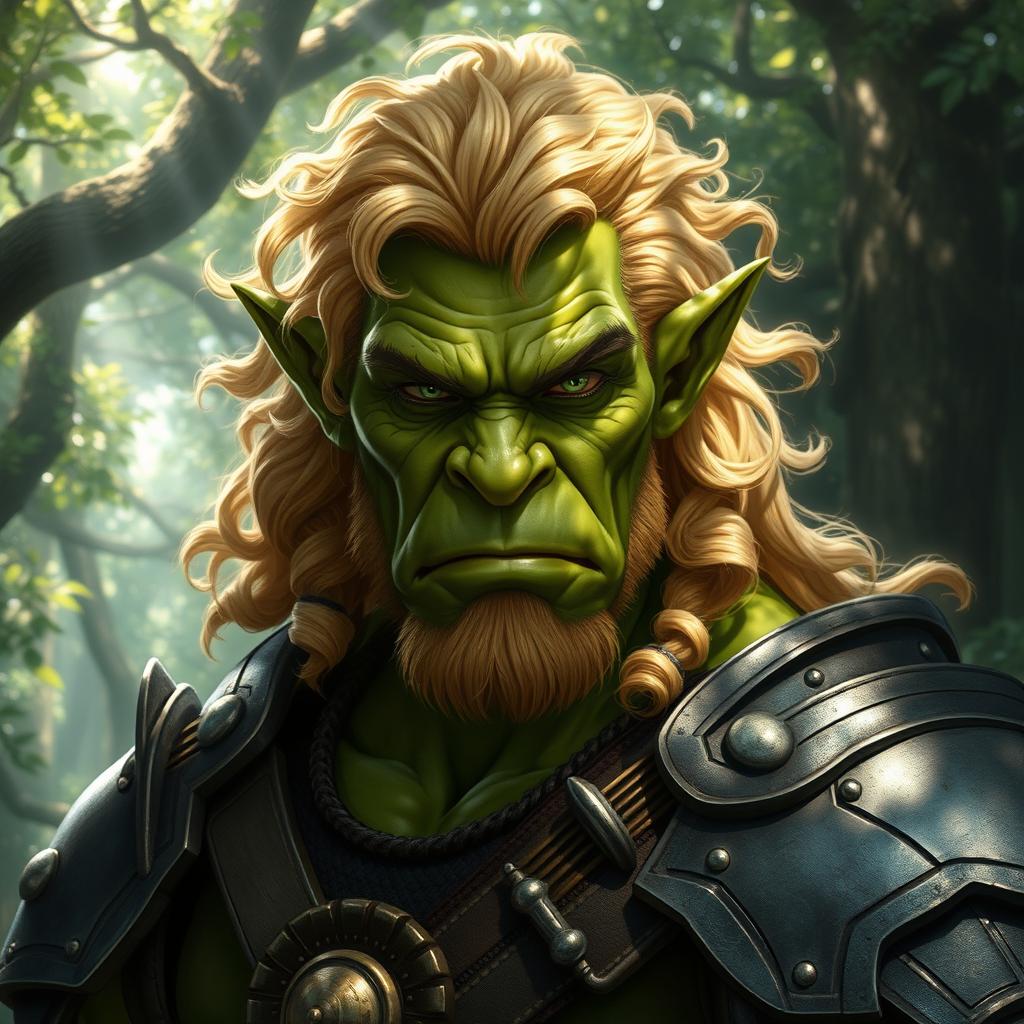 A striking and handsome orc with strong, chiseled features, adorned with flowing blond curly hair that contrasts beautifully with his rugged, green complexion