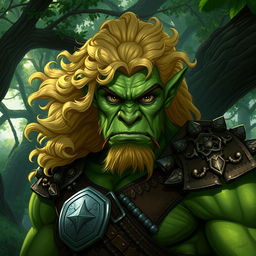 A striking and handsome orc with strong, chiseled features, adorned with flowing blond curly hair that contrasts beautifully with his rugged, green complexion