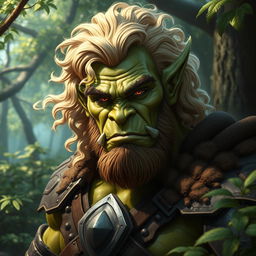 A striking and handsome orc with strong, chiseled features, adorned with flowing blond curly hair that contrasts beautifully with his rugged, green complexion