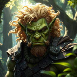 A striking and handsome orc with strong, chiseled features, adorned with flowing blond curly hair that contrasts beautifully with his rugged, green complexion