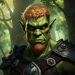 A striking and handsome orc with strong, chiseled features, complemented by short, blond curly hair that contrasts beautifully with his rugged, green complexion